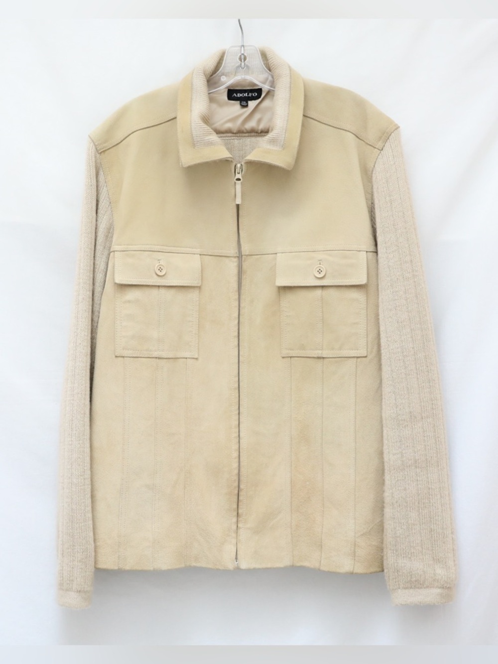 Vintage shirt jacket men's genuine leather knit 2XL Adolfo beige sand